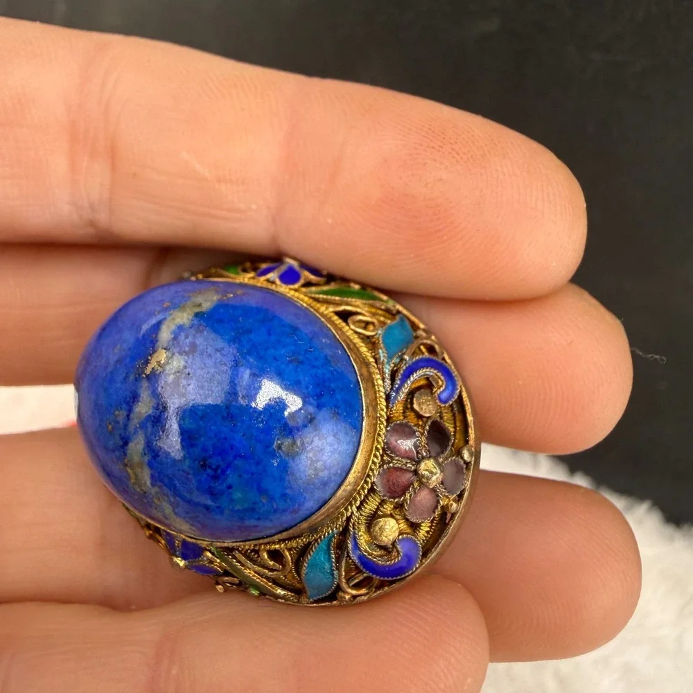 Vintage Chinese Export Enamel Filigree Brooch Blue Sterling Silver 925